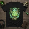 Frog Lightning Moon Art T-Shirt design with three frogs, lightning, and a green moon graphic
