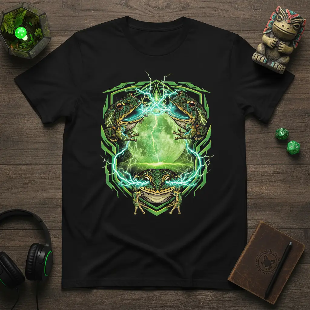 Mystical Frog Lightning Moon Art T-Shirt design featuring three energetic frogs and a glowing green moon illustration