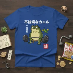 不撓なカエル Japanese frog lifting weights graphic tee, showing a determined frog with Japanese text and a grasshopper companion
