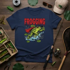Frogging T-Shirt featuring a superhero frog mid-leap with red text "FROGGING" above, designed for fishing enthusiasts