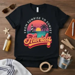 Florida t-shirt design with "From Sunrise to Sunset Florida" text and a tropical beach scene featuring a lighthouse, palm trees
