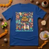 T-shirt with "শুভ নববর্ষ fromla" text and colorful Bengali folk art design featuring people, animals, and traditional motifs