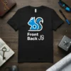 Black t-shirt with blue squirrel logo and "Front Back JS" text, for JavaScript developers