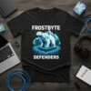 Frostbyte Defenders T-Shirt with a geometric polar bear on an ice floe, surrounded by circuit board patterns and mountains
