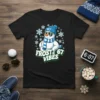 Black t-shirt with a cartoon snowman wearing sunglasses and a scarf, text "FROSTY 67 VIBES" and snowflakes