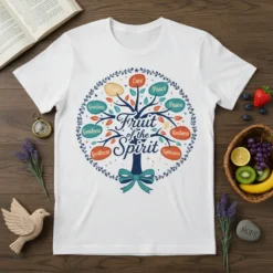 Fruit of the Spirit Christian T-Shirt with colorful tree listing virtues like Love, Peace, Goodness, and Faithfulness