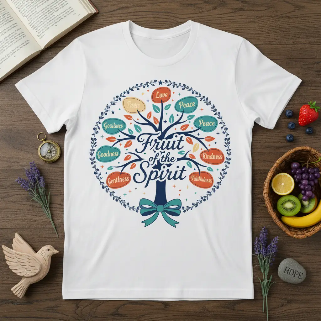 Christian Fruit of the Spirit tee with decorative tree and virtues like Love, Peace, and Faithfulness prominently displayed