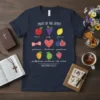 Christian t-shirt design with "Fruit of the Spirit" text and illustrations of fruits representing love, joy, peace, patience, kindness, goodness