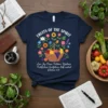 Navy t-shirt with "FRUITS OF THE SPIRIT" and a basket of fruit surrounded by flowers. Includes "Love Joy Peace Patience