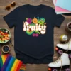 Retro "fruity" text design with cartoon grapes, orange, lime, and cherries on a navy t-shirt