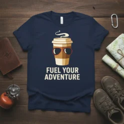 Fuel Your Adventure text with a coffee cup wearing sunglasses on a navy t-shirt