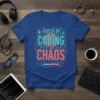 Fueled By Coding and Chaos t-shirt design with a brain graphic and vibrant typography