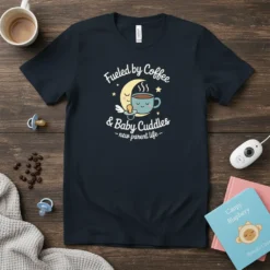 Fueled by Coffee & Baby Cuddles text with a cute moon, coffee cup, and pacifier graphic on a navy t-shirt