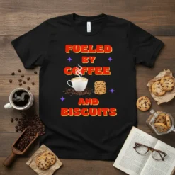 Fueled By Coffee And Biscuits text design with a coffee cup, coffee beans, and stack of biscuits graphic