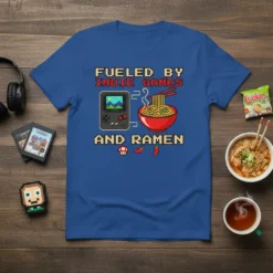Fueled by Indie Games and Ramen t-shirt design featuring pixel art game console and ramen bowl