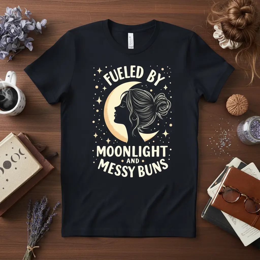 Fueled By Moonlight And Messy Buns quote with crescent moon and woman silhouette graphic