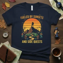 Fueled by Sunsets and Side Quests t-shirt design featuring a hiker on a mountain peak at sunset, with trees and