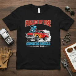 Fuelled by Fire American Muscle Classic Ride t-shirt featuring a red hot rod with flames and a supercharger