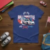 Full Throttle into 2nd grade text with a racing car graphic and checkered flags on a navy blue t-shirt