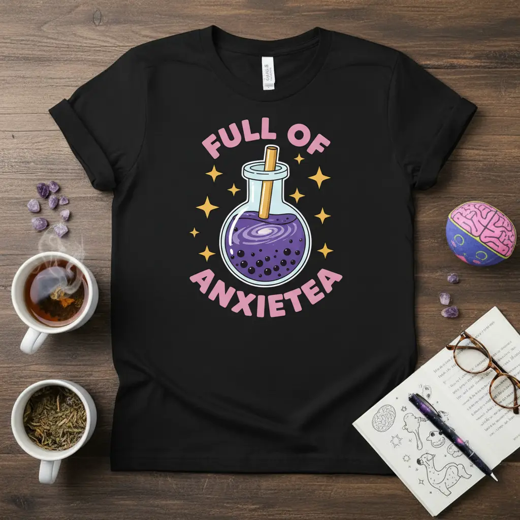 Full Of Anxietea quote with a bubbling purple potion in a flask, surrounded by stars on a black t-shirt graphic