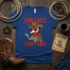 Fun Fact I Don't Care cowboy skeleton t-shirt with red text and a skeleton wearing a cowboy hat and sunglasses