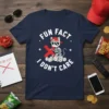 Navy t-shirt with "Fun Fact I Don't Care" text and a skeleton cat graphic wearing a red hat and sunglasses