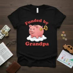 Funded by Grandpa t-shirt design featuring a pink piggy bank on a cloud with a winding key