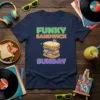 Funky Sandwich Sunday text with a colorful stacked sandwich graphic on a navy blue t-shirt