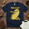 Funny cartoon horse illustration featuring a large yellow horse with smaller golden horses, printed on a navy blue t-shirt