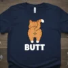Funny navy t-shirt featuring a cartoon ginger cat's backside with the word "BUTT" in white text