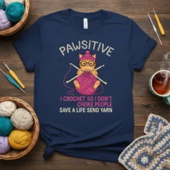 Funny "I crochet so I don't choke people save a life send yarn" t-shirt with a cat crocheting design