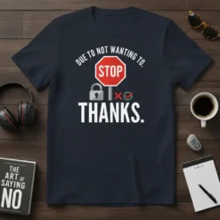 Due to Not Wanting To Stop Thanks funny quote t-shirt with stop sign, lock, cross, and checkmark graphics