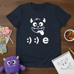 Kids' t-shirt with a white cartoon monster face and :) :) e text