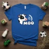 T-shirt with "MOO" text and a cartoon cow face graphic, featuring sound waves emanating from the cow's mouth