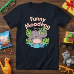 Funny Moodeng text above a cartoon hippo flexing its bicep, wearing sunglasses and a hat, on a dark t-shirt