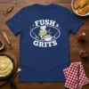 Fush & Grits t-shirt design with a cartoon fish wearing a chef hat holding grits and two fishing poles