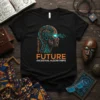 Future Ancestral Algorithms T-Shirt design with a profile of a person with circuit board patterns and glowing eyes, text "FUTURE