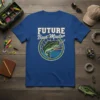 Future Bass Master fishing t-shirt design with a largemouth bass jumping towards a lure