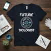 Future Biologist t-shirt with DNA, microscope, petri dish, and flask graphics