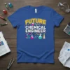 Future Chemical Engineer text design with colorful beakers and pipes on a royal blue t-shirt