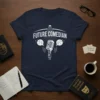 Future Comedian text and microphone graphic on a navy blue t-shirt