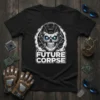 Future Corpse Skull T-Shirt design with white futuristic typography and a detailed cyborg skull graphic with glowing blue eyes