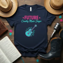Navy t-shirt with "FUTURE Country Music Singer" text and a teal acoustic guitar graphic