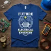 Future Electrical Engineer text design with circuit board and city graphic on a blue t-shirt