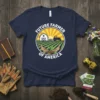 Future Farmer Of America text with barn, tractor, and hands holding a sprout graphic on a navy blue t-shirt