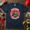 Future Firefighter t-shirt design showing a father firefighter holding his son, with fire trucks and flames in the background