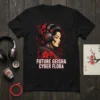 Future Geisha Cyber Flora t-shirt design with a cyberpunk geisha wearing headphones and red floral accents