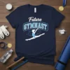 Future Gymnast text with a silhouette of a girl performing a split leap, on a navy blue t-shirt