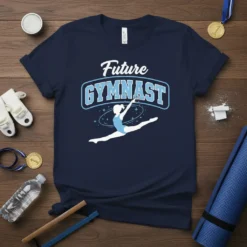 Future Gymnast text with a silhouette of a girl performing a split leap, on a navy blue t-shirt