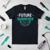 Future Hairdresser text with graphic of scissors, comb, and hairdryer on a black t-shirt